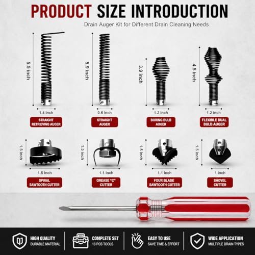 10PCS K-400 Drain Snake Drill Attachment Kit - 5/8 Inch Auger Cutter Heads & Spiral Tips Set for K-400 C-4/C-6/C-7/C-8/C-9