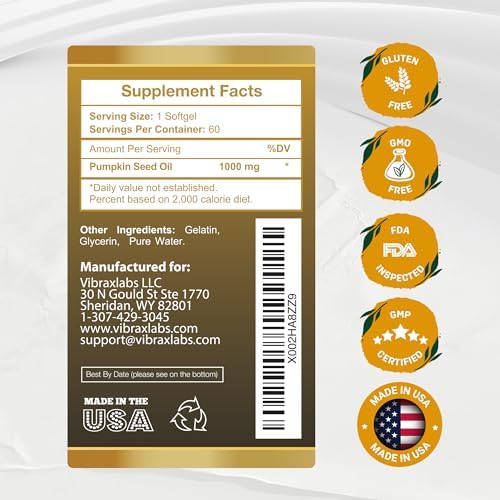 vibraxlabs Pumpkin Seed Oil - 100% Cold Pressed Pure 1000mg Extraction - Best for Hair Growth, Younger Looking Skin & Face, Bladder Control Supplement