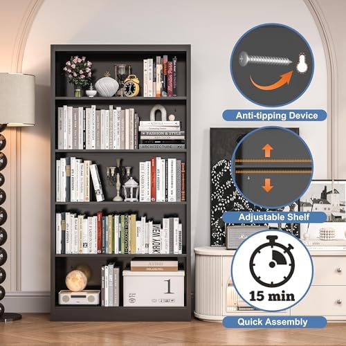 Bookcase,5 Tier White Bookshelves,66" Tall Free Standing Metal Bookcase with Adjustable Storage Shelves, Industrial Wide Bookshelf for Bedroom Living Room Home Office School