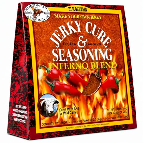 Hi Mountain INFERNO BLEND Jerky Seasoning and Cure Kit | Beef & Venison | Extreme spicy heat, perfect jerky seasoning for deer, elk