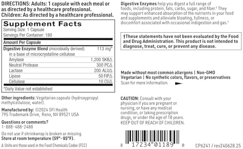 Klaire Labs SFI Health Digestive Enzymes, 180 Capsules | Gut Health Supplements with Lipase, Amylase & Protease Enzymes for Digestion