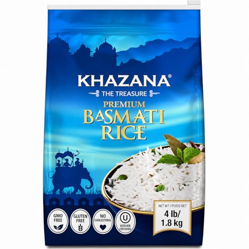 Authentic Premium Basmati Rice by Khazana in 10 lb Bag - Aromatic and Flavorful Indian Grain - Non-GMO, Gluten Free, Kosher, Cholesterol Free