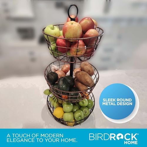BIRDROCK HOME 3 Tier Wire Fruit Basket | Round Metal Standing Baskets | Fruit Vegetable Garlic Caddy | Freestanding Rustic Decorative Basket