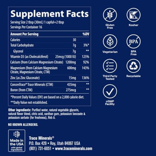 Trace Minerals Liquid Cal Mag Zinc with Vitamin D3, 16 fl oz, Pina Colada | Ionic trace minerals for absorption, Bone, muscle, and connective tissue health, 1-2 tbsp daily, Refrigerate after opening