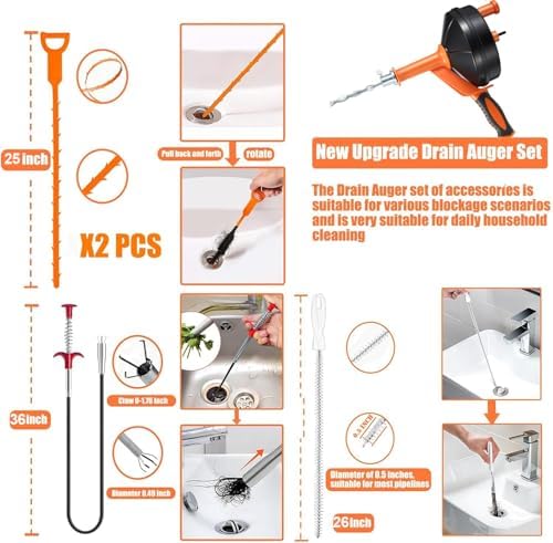 Drain Auger, 25 Feet Plumbing Snake Drain Clog Remover Tool 4-in-1 Set | Included Drain Clog Remover, Hair Clog Remover, Cleaning Brush, for Kitchen
