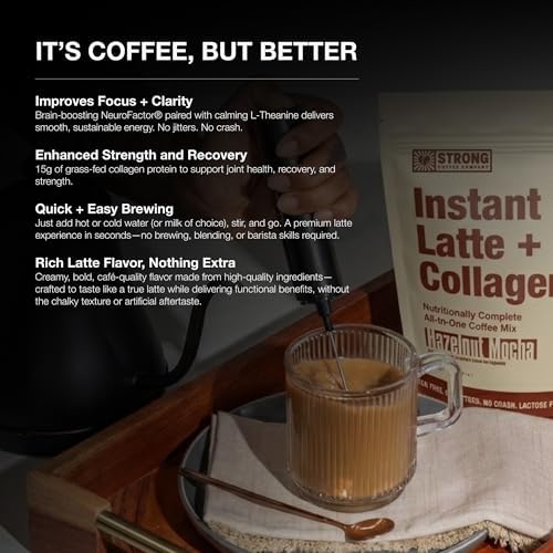 Strong Coffee Co. Hazelnut Instant Latte | 15 Servings | Organic Coffee with Collagen Protein | Lion’s Mane & L-Theanine | Adaptogens & Nootropics