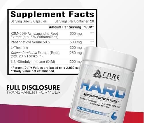 Core Nutritionals Hard Recomposition, Hormone Support, 84 Capsules | Cortisol Support, Fat Metabolism Support, KSM-66 Ashwagandha, DIM, L-Theanine