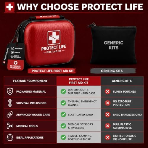 Protect Life Travel First Aid Kit for Car - Small Mini Emergency Kit, 100 Piece Waterproof First Aid Kit for Home, Camping, Boat & Hiking - Includes Emergency Blanket & First Aid Guide