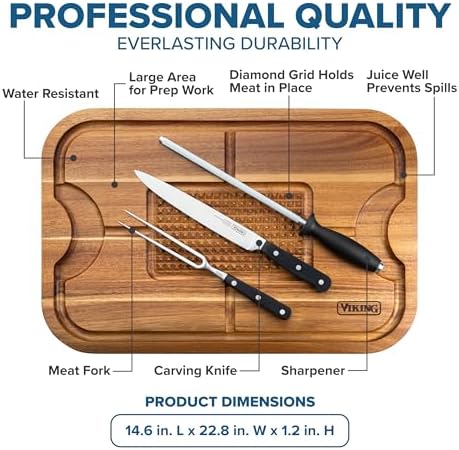 Viking Cutting Board, Acacia Wood Kitchen Butcher Block Carving Board with Juice Groove and Metal Handles, 23 x 14 x 1 Inch