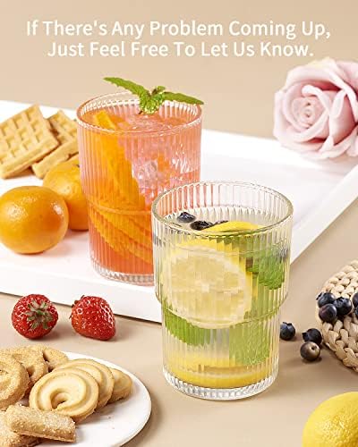 6PCS Ribbed Drinking Glasses, 14Oz Stackable Glass Cup Set for Bar & Kitchen | Fluted Designed