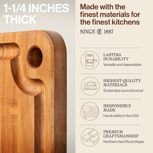John Boos Prestige Series Rectangular Wooden Maple Cutting Board 16”x10” – 1.25” Thick, 6-lb Reversible Butcher Block with Juice Groove, Edge-Grain & Finger Grip Hole – Made in the USA | 1.25” Thick, 6-lb Butcher Block with Juice Groove, Edge-Grain & Fin…