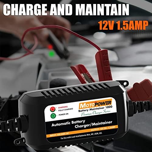MOTOPOWER MP00206A 12V 1.5Amp Automatic Battery Charger, Battery Maintainer for Cars, Motorcycles, ATVs, RVs, Powersports, Boat and More