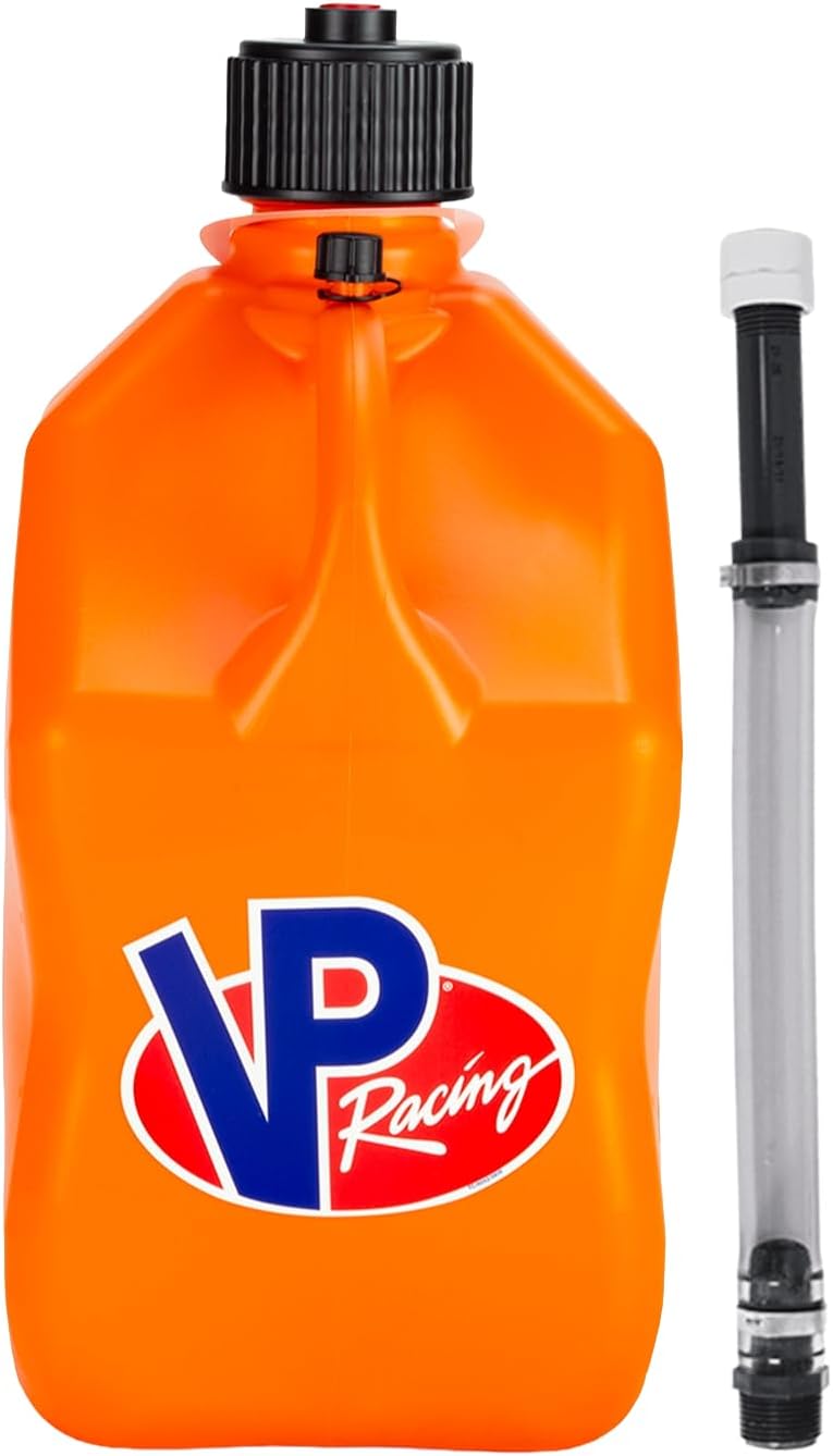 VP Racing 3572-CA, 5.5-Gallon Square Motorsport Jug Orange w/ 14" Deluxe Hose Close-Trimmed Cap and Neck for Tight Seal (1 Pack)