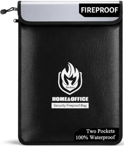Andyer 2 Pockets Fireproof Document Bag (15"x11"), Protect Values from Fire