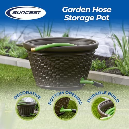 Suncast Decorative Wicker Garden Hose Holder Pot with 4 Drain Holes for 100 Foot Hoses, Java