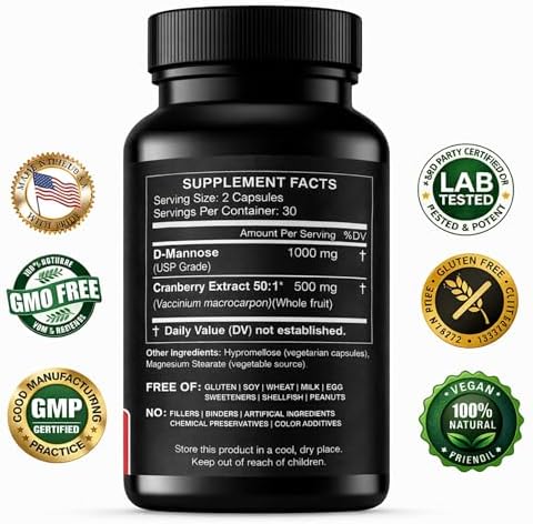 HCL HERBAL CODE LABS D-Mannose with Cranberry Extract Capsules 1500mg – High Potency USP Grade D-Mannose Supplement with Whole Fruit Cranberry