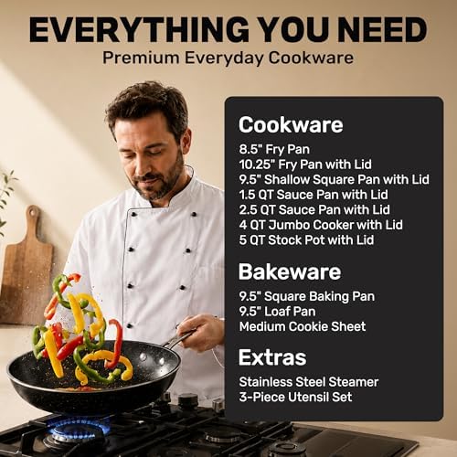 GRANITESTONE 20 Pc Complete Pots and Pans Set Non Stick Cookware Set with Saute Pan, Bakeware, Steamer, Cooking Utensils, Made Without PFOA PFOS