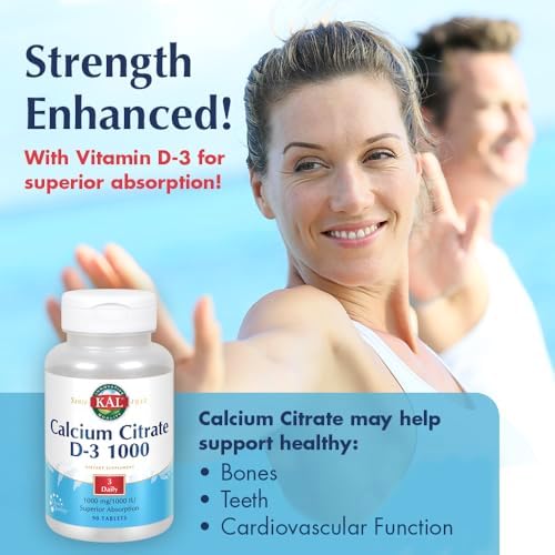 KAL Calcium Citrate Supplement with Vitamin D3 - 1000 IU Vitamin D3, Healthy Bone & Muscle Function Support for Men and Women, Quick Dissolving Tablets - 180 Count Tablets
