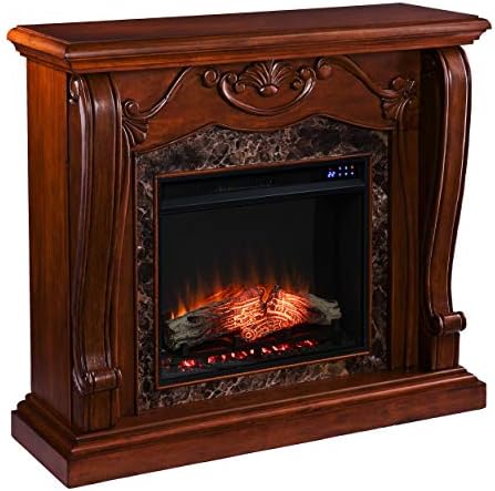 SEI Furniture Cardona Carved Wood & Faux Marble Electric Fireplace, New Walnut