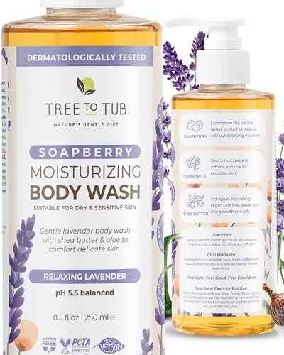 Tree To Tub Soapberry Body Wash for Dry, Sensitive Skin, pH 5.5, 8.5 Fl Oz | Sulfate & Paraben-Free, Rich Lather, Fragrance-Free, Shea Butter & Aloe Vera, Vegan & Cruelty-Free, Gentle for Daily Use