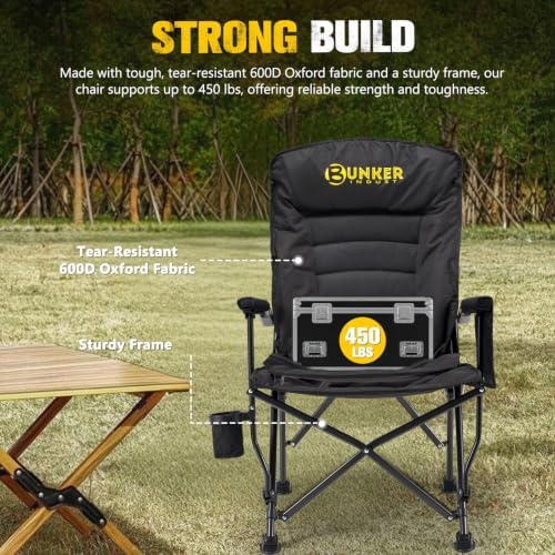 BUNKER INDUST Folding Camping Chair, Oversized with Padded Cushion, Outdoor Chair with Cup Holder Storage Pockets