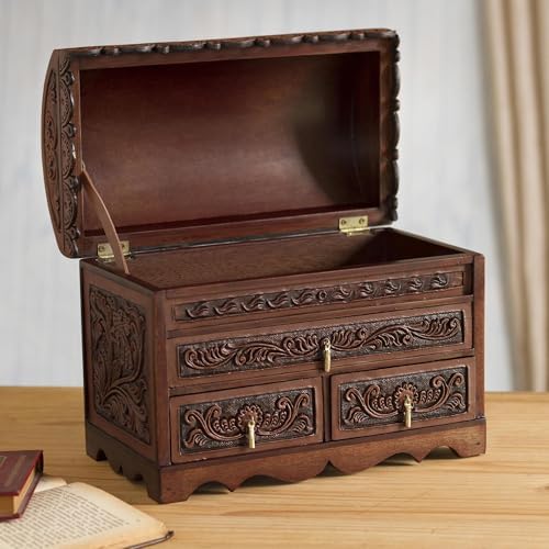 NOVICA Artisan Handmade Leather Cedar Wood Jewelry Chest Bird Pattern from Peru Brown Boxes Colonial Floral Animal Themed [8.25in H x 11.5in W x 6in