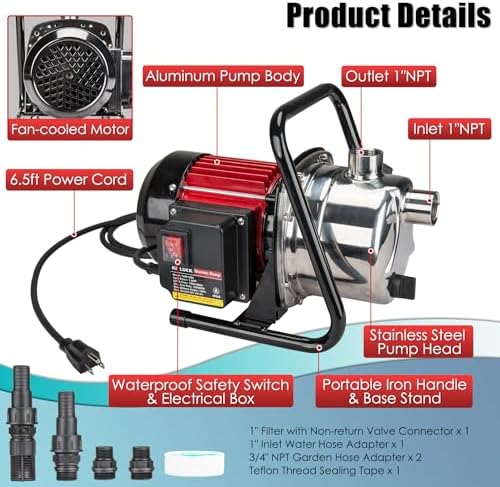 Water Transfer Garden Pump, 1.6 HP 1000GPH Portable Electric Shallow Well Jet Pump, Stainless Steel Sprinkler Pressure Booster Pump for Pool Draining, Lawn Fountain, Irrigation, Water Removal