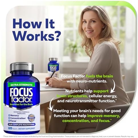 Focus Factor Adults Extra Strength, 120 Count - Brain Supplement for Memory, Concentration and Focus - Complete Multivitamin with DMAE, Vitamin D, DHA - Trusted Health Vitamins
