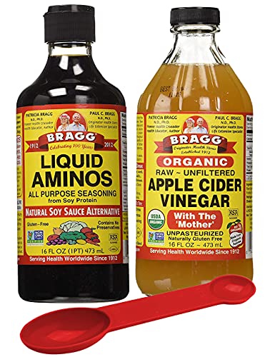 Bragg Variety Pack: Bragg Organic Liquid Aminos 16 oz + Bragg Apple Cider Vinegar Organic Raw Unfiltered, 16 Oz; with Bonus Measuring Spoon