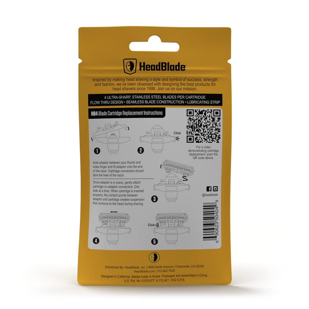 HeadBlade Men's HB4 Refill Shaving Razor Blades. Stainless Steel Blades for No Tugging or Pulling, Shave Less, Works for Face, Body, and Scalp (Pack of 1)