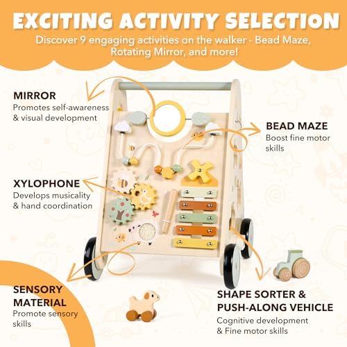 Pithfor Wooden Baby Push Walker, Baby Walker with Activity Center for Girls Boys