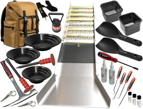 Complete Gold Mining Kit, Folding 50 inch River Sluice Box, Prospecting Equipment, Rock Pick Hammer, Gold Classifiers, Pay Dirt Scoop