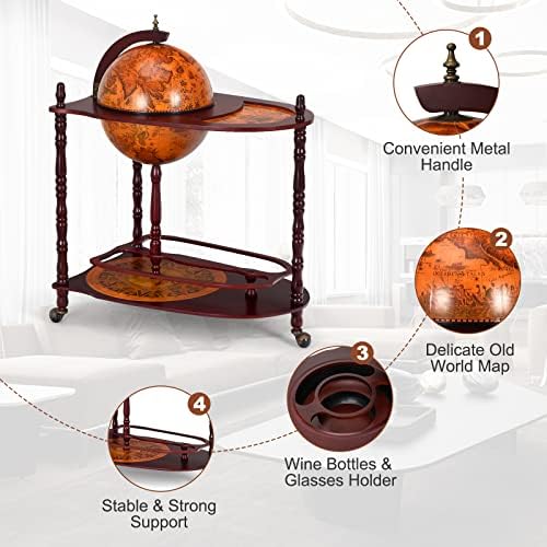 Goplus Globe Bar, 34.5” Globe Bar Liquor Cabinet with Wheels, Bottom Shelf, Old World Map, 16th Century Italian Replica Bar Globe, Retro Wine Stand