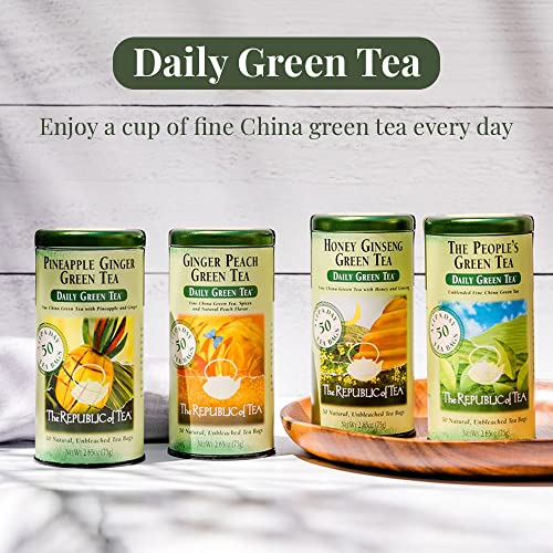 The Republic of Tea Daily Green Pineapple Ginger Green Tea, 50 Ct | Low Caffeine. A gentle cup for everyday. Fresh and lightly vegetal with notes of warming spice and juicy fruit. Gluten Free.