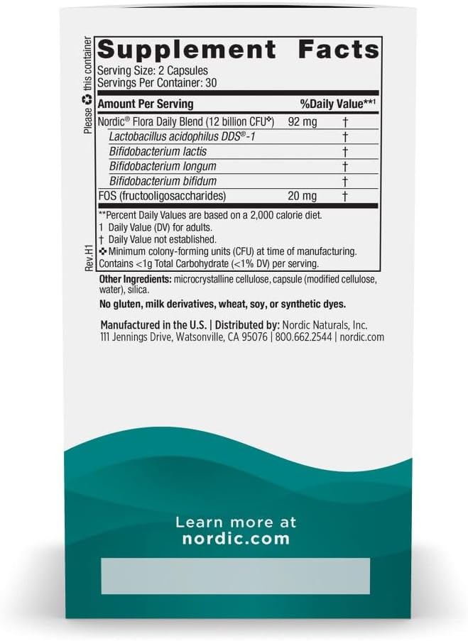 Nordic Naturals Nordic Flora Probiotic Daily, Immune Support - 60 Count | 4 strains, 12 billion CFU. Supports immune health, digestive wellness & optimal gut function. Vegan, Non-GMO. 30 servings.