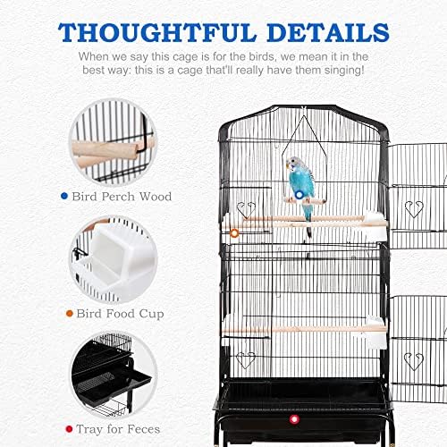 SUPER DEAL 59.3 Rolling Bird Cage Large Wrought Iron Cage for Cockatiel Sun Conure Parakeet Finch Budgie Lovebird Canary Medium Pet House with