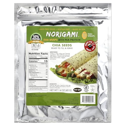 Norigami Egg Wraps with Pea Protein – Chia Seeds. High Protein, Low Carb, Vegetarian. Thin Healthy Wraps -Certified Kosher, Non-GMO