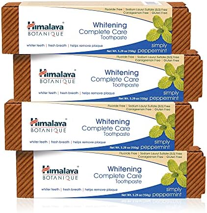 Himalaya Botanique Whitening Complete Care Toothpaste, Teeth Whitening, Fights Plaque, Fluoride Free, No Artificial Flavors, SLS Free, Cruelty Free, Foaming, Simply Mint Flavor, 5.29 Oz, 4 Pack