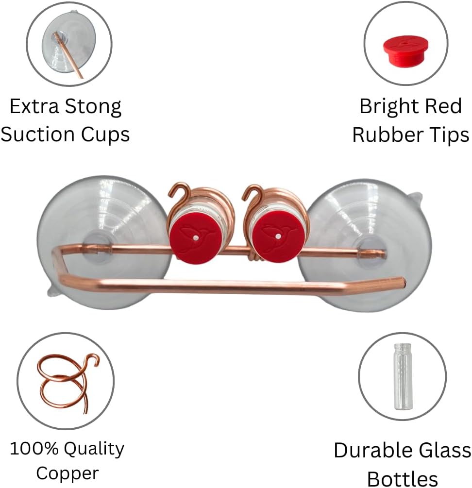 Window Hummingbird Feeder | Handcrafted Copper and Aluminum | Multiple Stations | Modern Hummingbird Feeder | Glass Bottles | Suction Cups (Copper, Four Station)