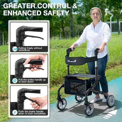 PLANET WALK Super Lightweight Rollator Walker for Seniors, Foldable Rolling Walker with Seat and 8" Rubber Wheels for All Terrain, Unique Design Aluminium Frame Sturdy Walkers for Traveling - Blue