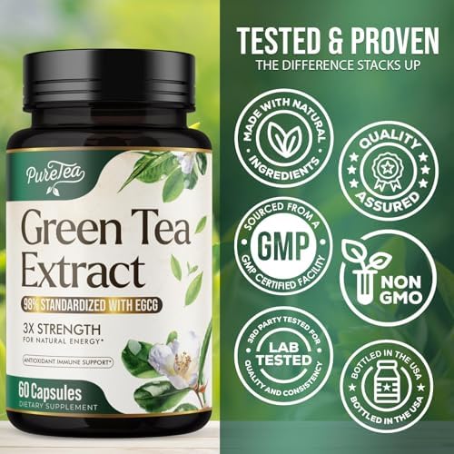 Green Tea Extract 1000mg Per Serving - 98% Polyphenols & 45% EGCG Capsules, Heart Support with Antioxidants - 3X Absorption Green Tea Pills Supplement, Natural Energy, Gentle Caffeine - 240 Capsules