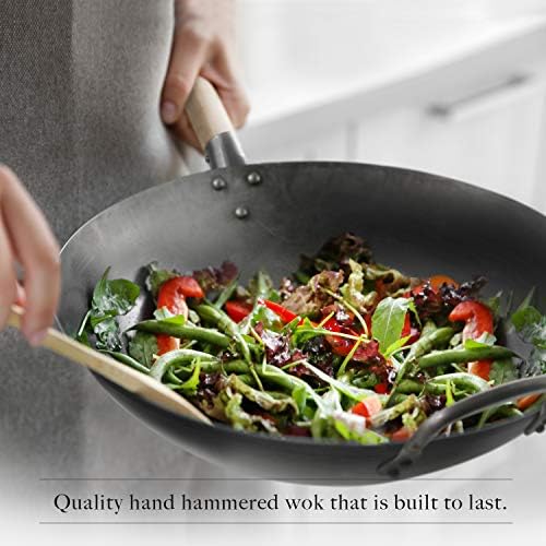 Flat Bottom Carbon Steel Wok Pan - Authentic Hand Hammered Woks and Stir Fry Pans - 14" Pow Wok
