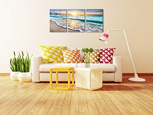 Wieco Art 3 Panel Blue Beach Canvas Wall Art for Home Decor Sunset White Wave Beach Pictures on Canvas Sea View Canvas Prints Artwork for Wall Decor