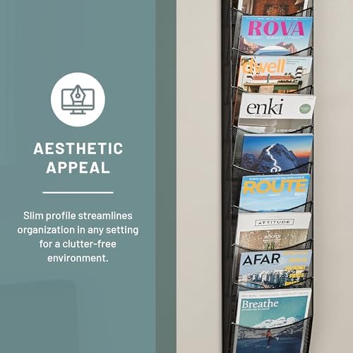 Safco Onyx Mesh Magazine Holder, Display Rack with 10 Pockets, Brochure Organizer, Commercial-Grade Steel Construction, Black