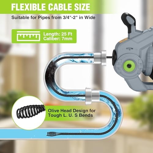 WORKPRO 20V Cordless Electric Drain Auger, 25 ft Plumbing Snake, 2.0Ah Battery | Suitable for 3/4" to 2" Pipes, Including Sinks, Toilets, Showers