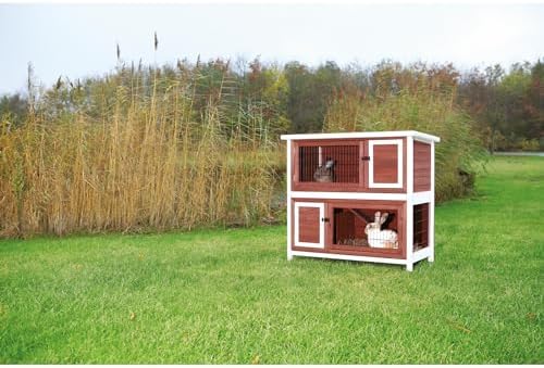 Trixie 2-Story Rabbit Hutch with Retreat Area, Non-Slip Ramp, Hinged Roof with Locking Arm, 4 Doors, 2 Metal Slide Latches, and Pull-Out Trays for Easy Cleaning