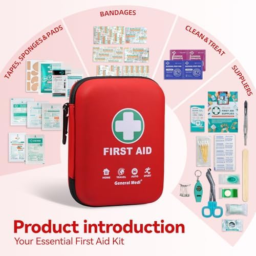 General Medi First Aid Kit - 170 Pieces Hard Case and Lightweight - Great for Travel, Home, Office, Vehicle, Camping, Workplace & Outdoor (Red)