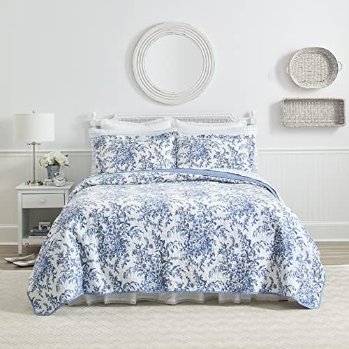 Laura Ashley – Queen Quilt Set, Soft & Lightweight Bedding with Matching Shams, Reversible Floral Room Decor, College Dorm Room Essentials (Bedford Blue)