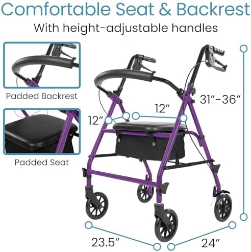 Vive Mobility Steel Rollator Walker with Seat - Foldable, Narrow