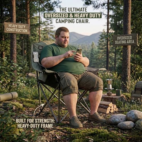 Oversized XL Folding Camping Chair,Heavy Duty Support 400Lbs,Large Comfy Padded Camp Chair for Adults,Lawn Arm Chair w/Cup Holder,Phone Holder,Carry Bag Perfect for Outdoor (Brown